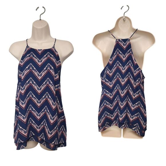 Paper Crane Womens Halter Neck Sleeveless Blouse Top Size Large Multicolor Navy - Picture 1 of 6